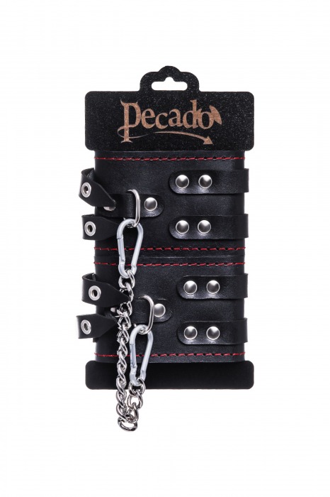 Черные кожаные оковы с двумя ремнями и контрастной строчкой - Pecado - купить с доставкой во Владикавказе