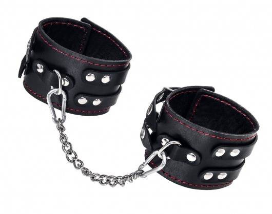 Черные кожаные оковы с двумя ремнями и контрастной строчкой - Pecado - купить с доставкой во Владикавказе