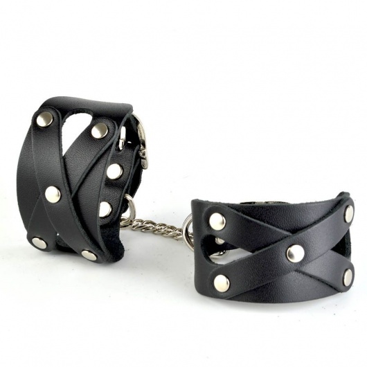 Черные кожаные наручники  Цезарь  с цепочкой на карабинах - Sitabella - купить с доставкой во Владикавказе