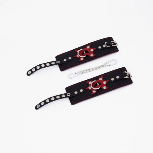 Черные кожаные наручники с красным декором и строчкой - Crazy Handmade - купить с доставкой во Владикавказе