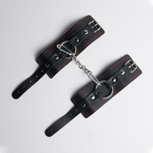 Черные кожаные наручники с красной строчкой - Crazy Handmade - купить с доставкой во Владикавказе
