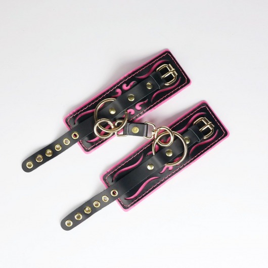 Черные кожаные наручники с розовой строчкой - Crazy Handmade - купить с доставкой во Владикавказе