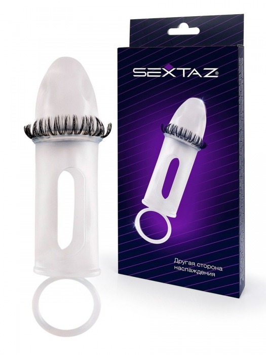 Закрытая насадка на пенис с подхватом мошонки и стимулирующими «ресничками» - Sextaz - во Владикавказе купить с доставкой