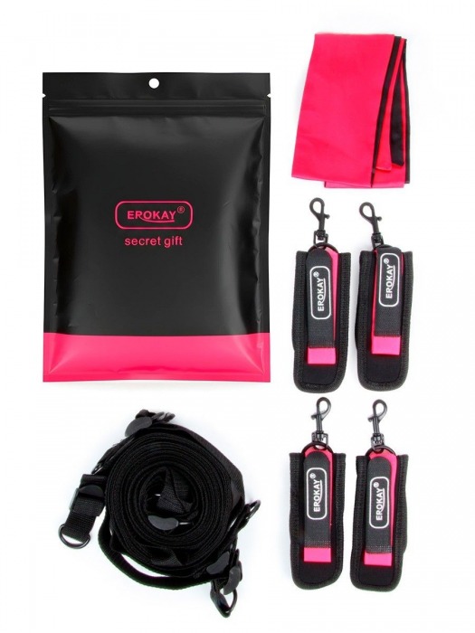 Черно-розовый эротический набор: фиксатор, оковы, наручники, повязка - Erokay - купить с доставкой во Владикавказе