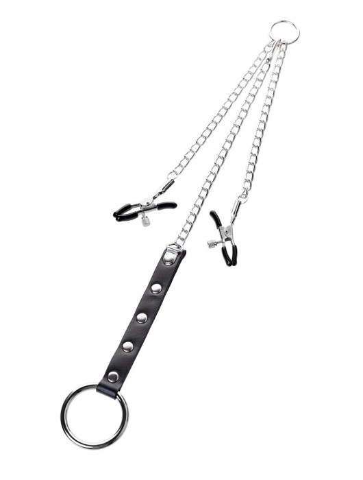 Серебристо-чёрные зажимы для сосков с кольцом для пениса TOYFA Metal - ToyFa - купить с доставкой во Владикавказе