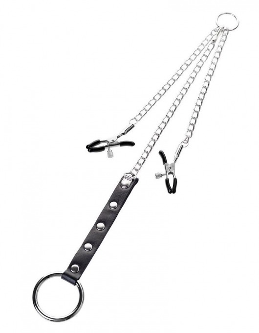 Серебристо-чёрные зажимы для сосков с кольцом для пениса TOYFA Metal - ToyFa - купить с доставкой во Владикавказе